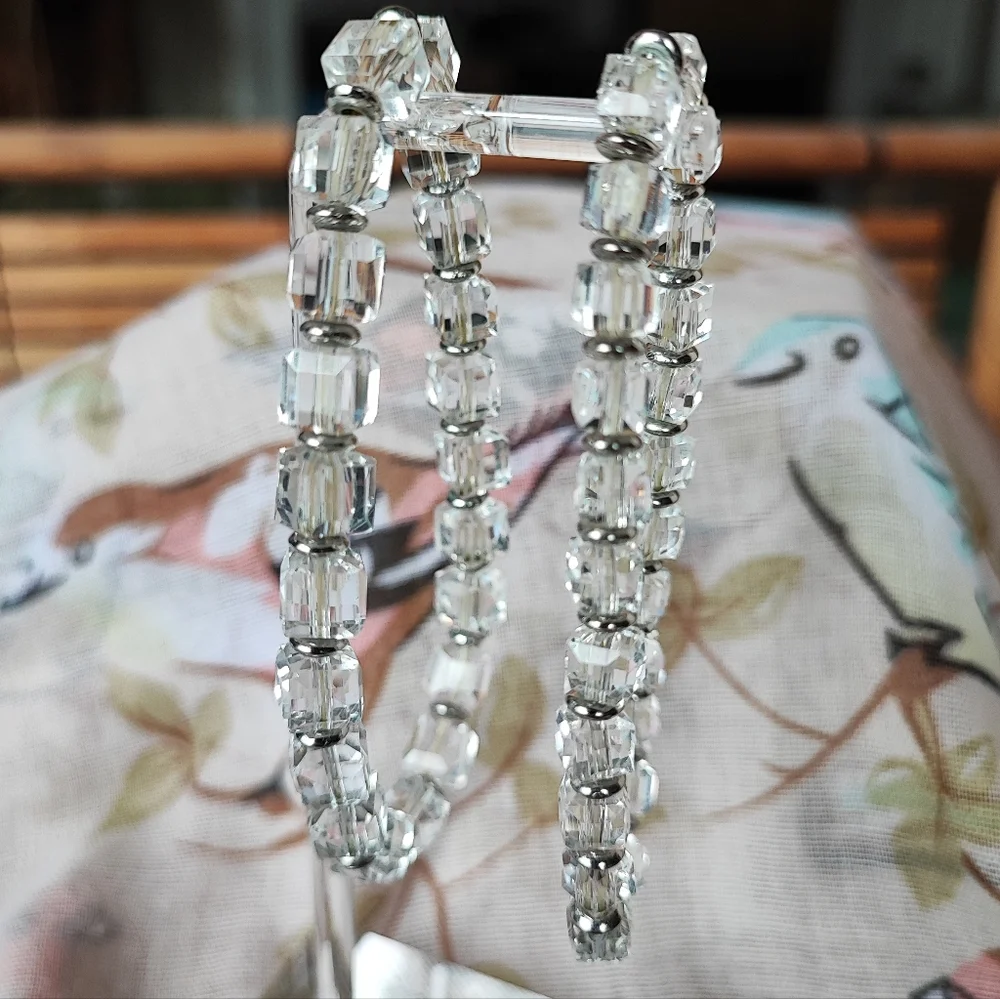 Pair of 2 Clear Square Crystal Glass Cube Stretch Bracelets Vintage Silver Tone